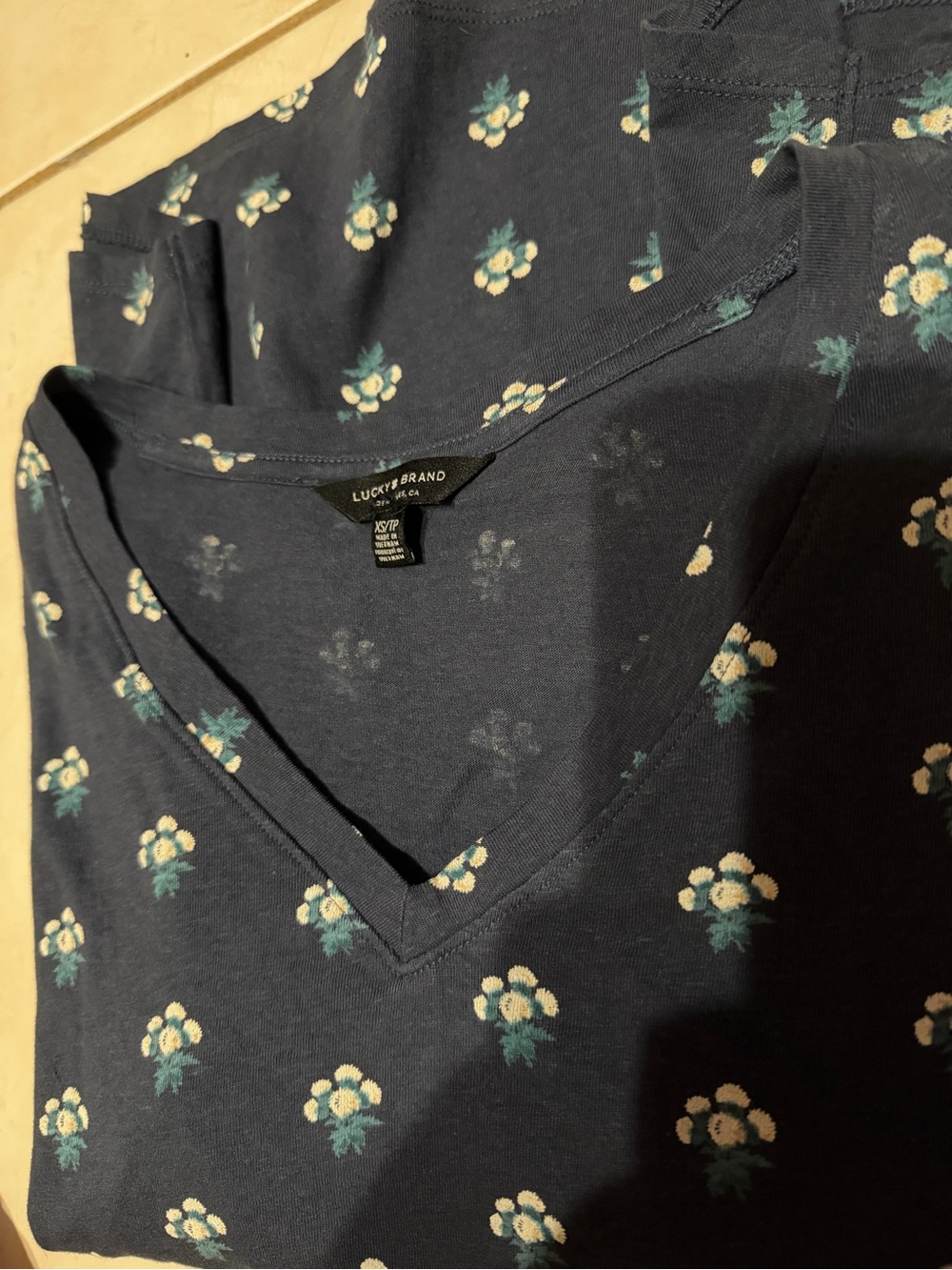 Lucky Brand Navy V-Neck Tee with Small Floral Print